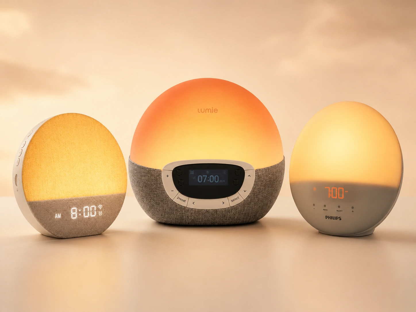 Comparison image showing Dreamegg Sunrise 1, Lumie Bodyclock, and Philips Wake-Up Light as budget sunrise alarm clock alternatives to Hatch. Comparison image showing Dreamegg Sunrise 1, Lumie Bodyclock, and Philips Wake-Up Light as budget sunrise alarm clock alternatives to Hatch.