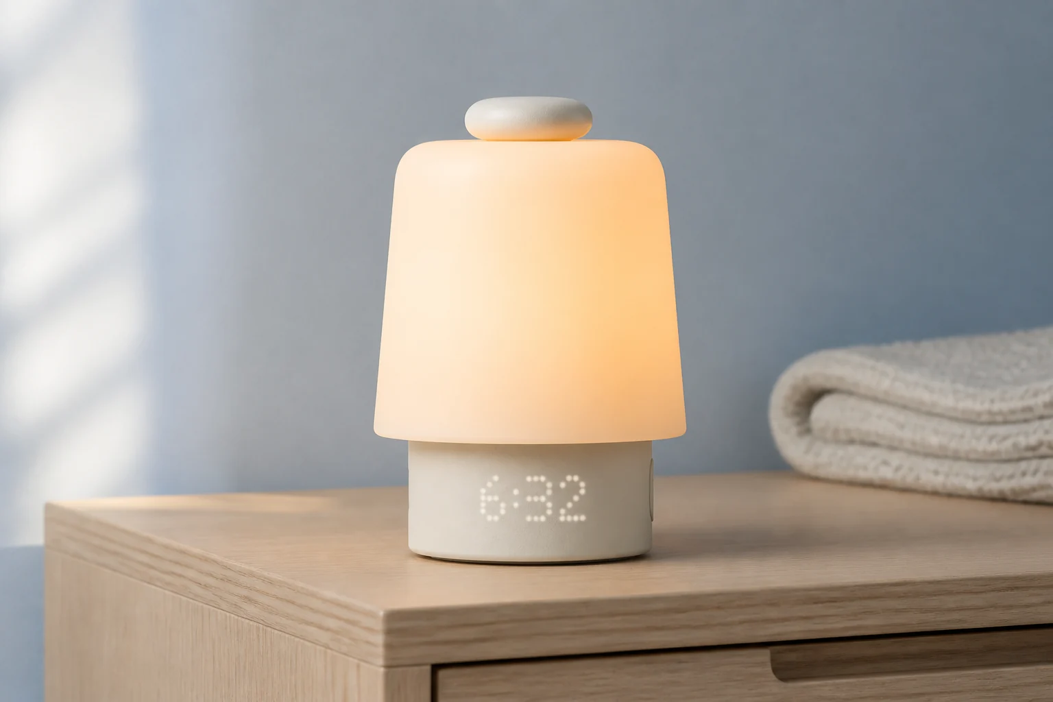 Hatch Baby sound and light device for a fixed nursery position Hatch Baby in Putty with its rounded light, front clock display and large top button