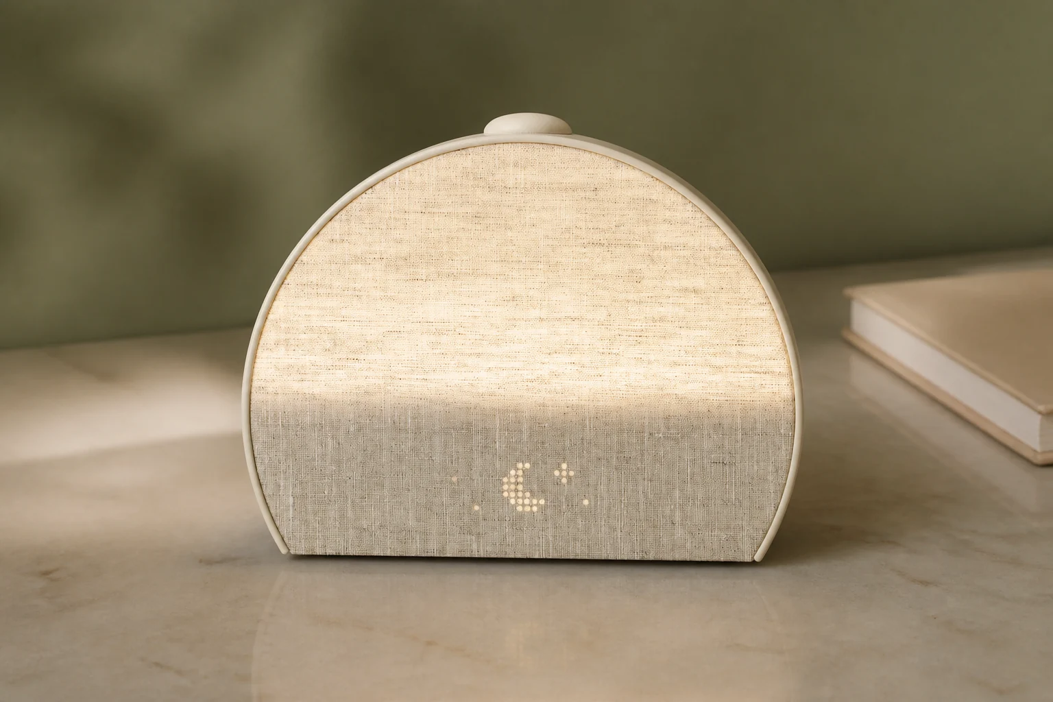 Putty Hatch Restore 3 on a stone bedside table, with the large top control visible