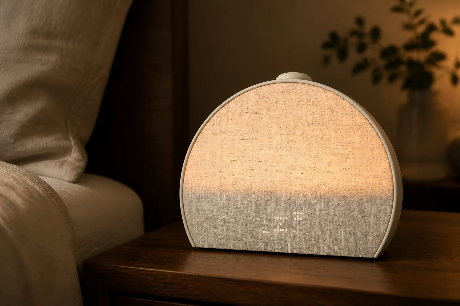 Putty Hatch Sleep Clock on a walnut bedside table in an evening bedroom scene