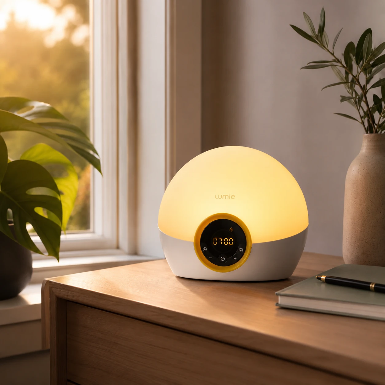 Lumie Bodyclock Rise100 wake-up light on a bedside table in a bright morning bedroom scene as a woman wakes up and stretches. Lumie Bodyclock Rise100 wake-up light on a bedside table in a bright morning bedroom scene as a woman wakes up and stretches.
