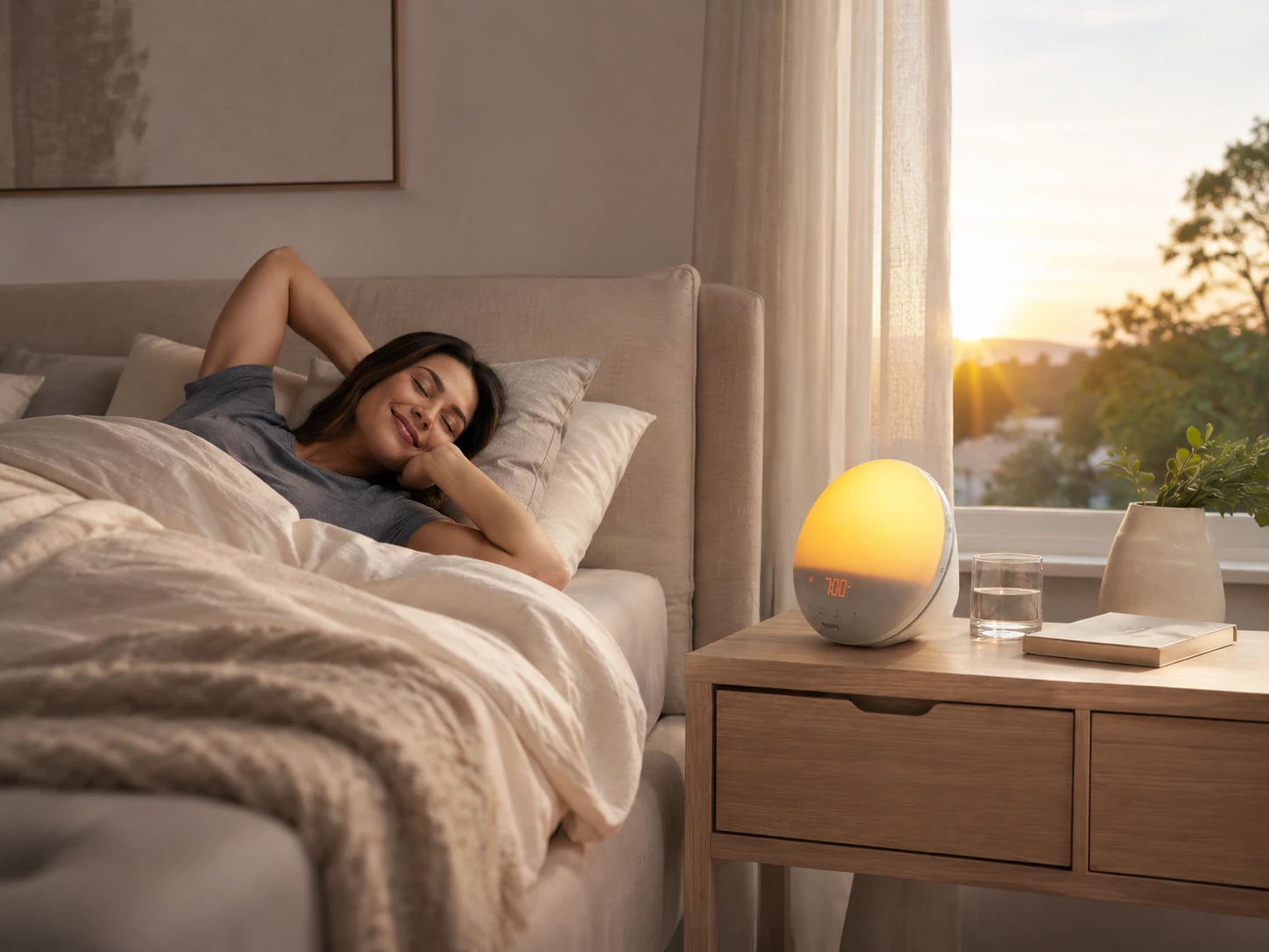 Lumie Bodyclock Rise100 sunrise alarm clock on a wooden table near a window with morning light, notebook, and indoor plants.