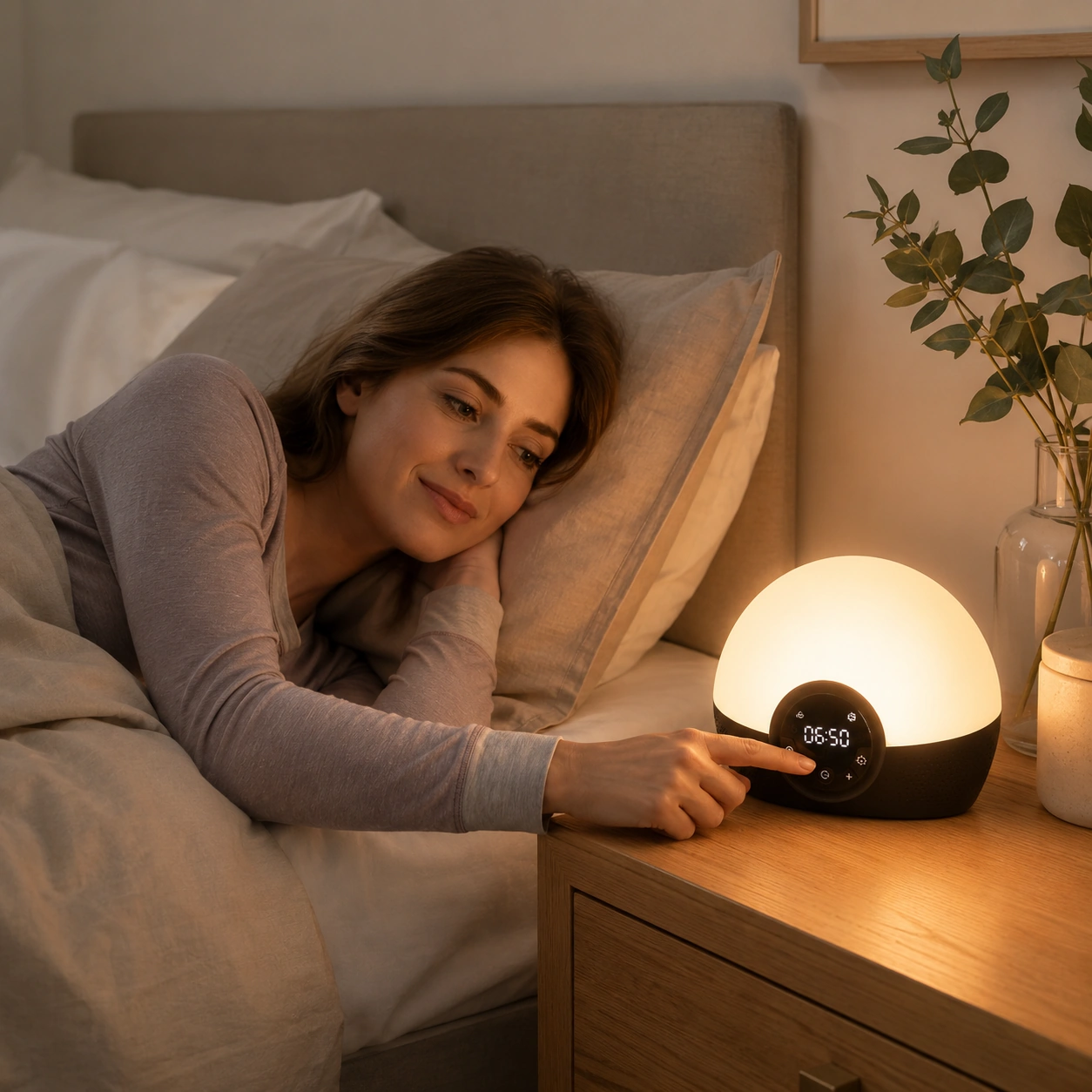 Lumie Bodyclock Rise150 Alarm Clock beside a bed as a woman reaches over to adjust the bedside controls. Lumie Bodyclock Rise150 Alarm Clock beside a bed as a woman reaches over to adjust the bedside controls.