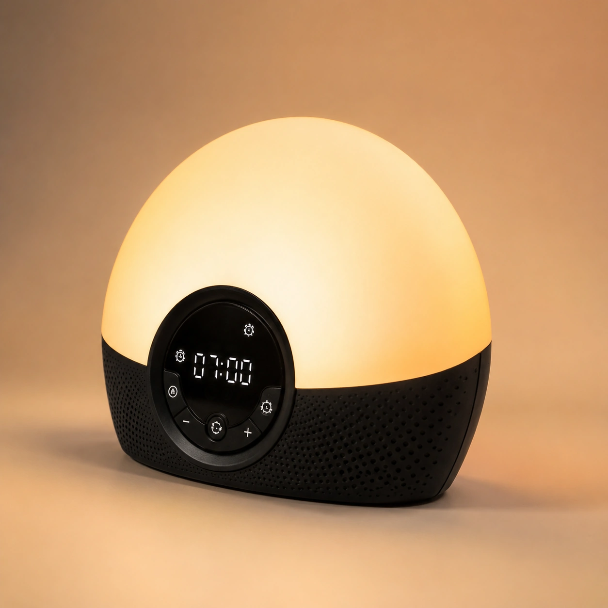 Angled studio product image of the Lumie Bodyclock Rise150 Alarm Clock with orange sunrise lighting. Angled studio product image of the Lumie Bodyclock Rise150 Alarm Clock with orange sunrise lighting.