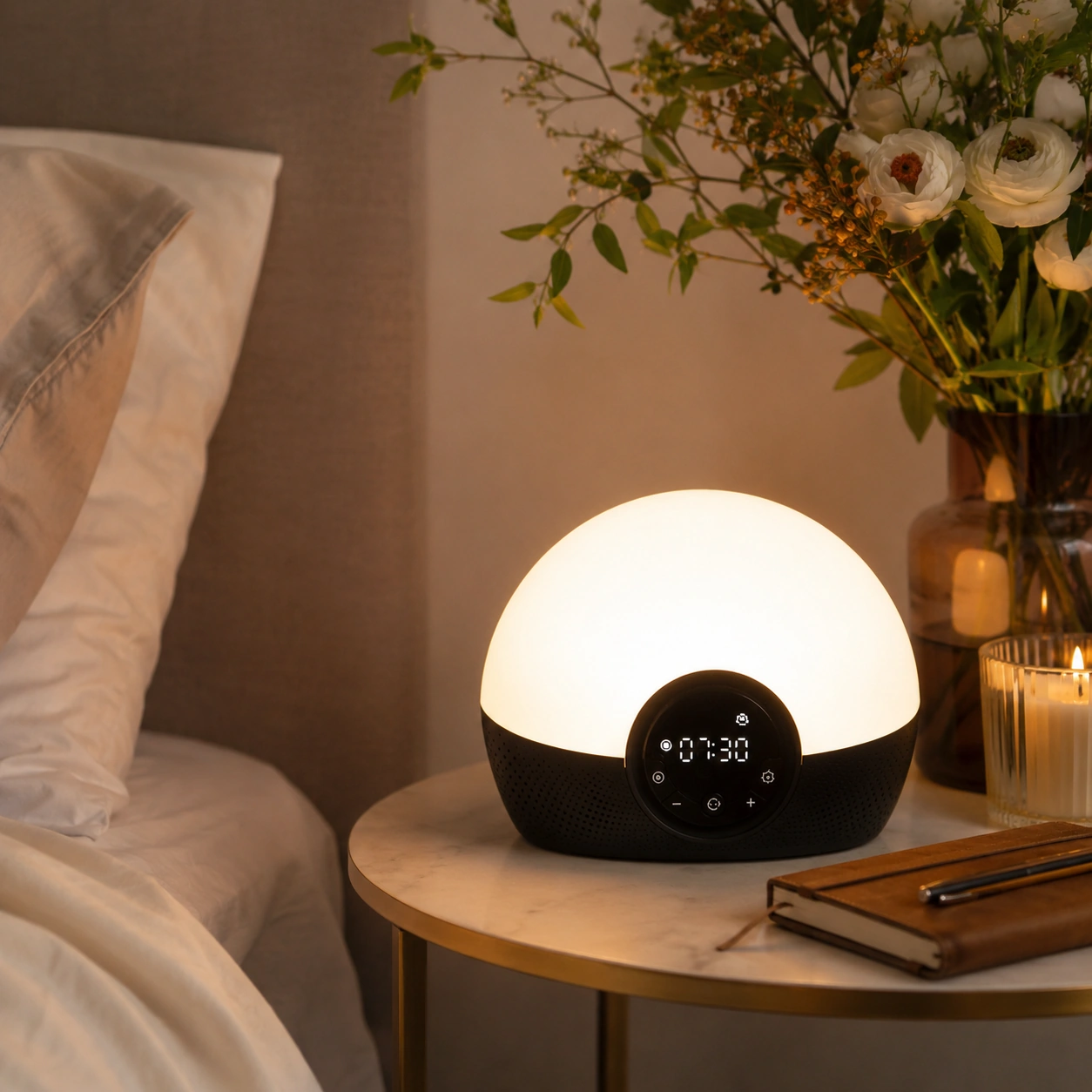 Lumie Bodyclock Rise150 Alarm Clock creating a cozy evening bedroom ambience on a bedside table. Lumie Bodyclock Rise150 Alarm Clock creating a cozy evening bedroom ambience on a bedside table.