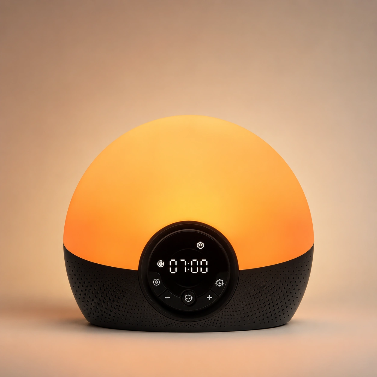 Front product view of the Lumie Bodyclock Rise150 Alarm Clock with a bright orange wake-up light. Front product view of the Lumie Bodyclock Rise150 Alarm Clock with a bright orange wake-up light.