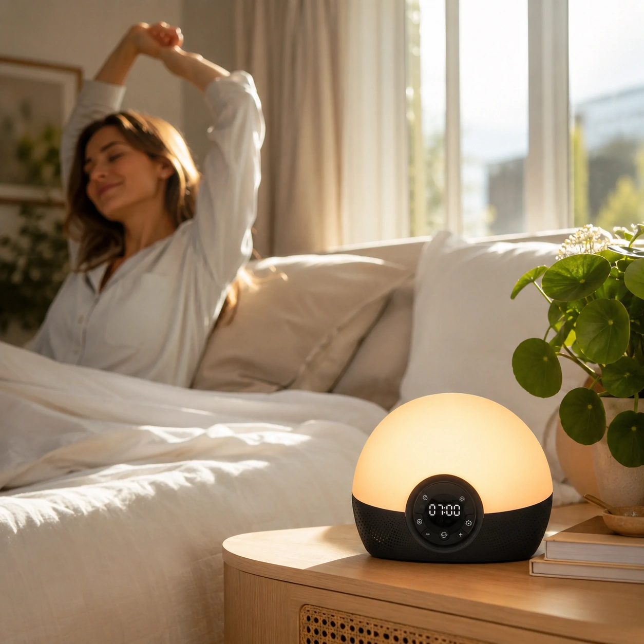 Lumie Bodyclock Rise150 Alarm Clock in a cozy bedroom morning scene with warm wake-up light. Lumie Bodyclock Rise150 Alarm Clock in a cozy bedroom morning scene with warm wake-up light.