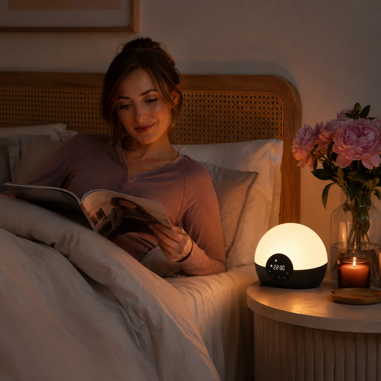 Lumie Bodyclock Rise150 Alarm Clock glowing on a bedside table while a woman reads in bed at night. Lumie Bodyclock Rise150 Alarm Clock glowing on a bedside table while a woman reads in bed at night.