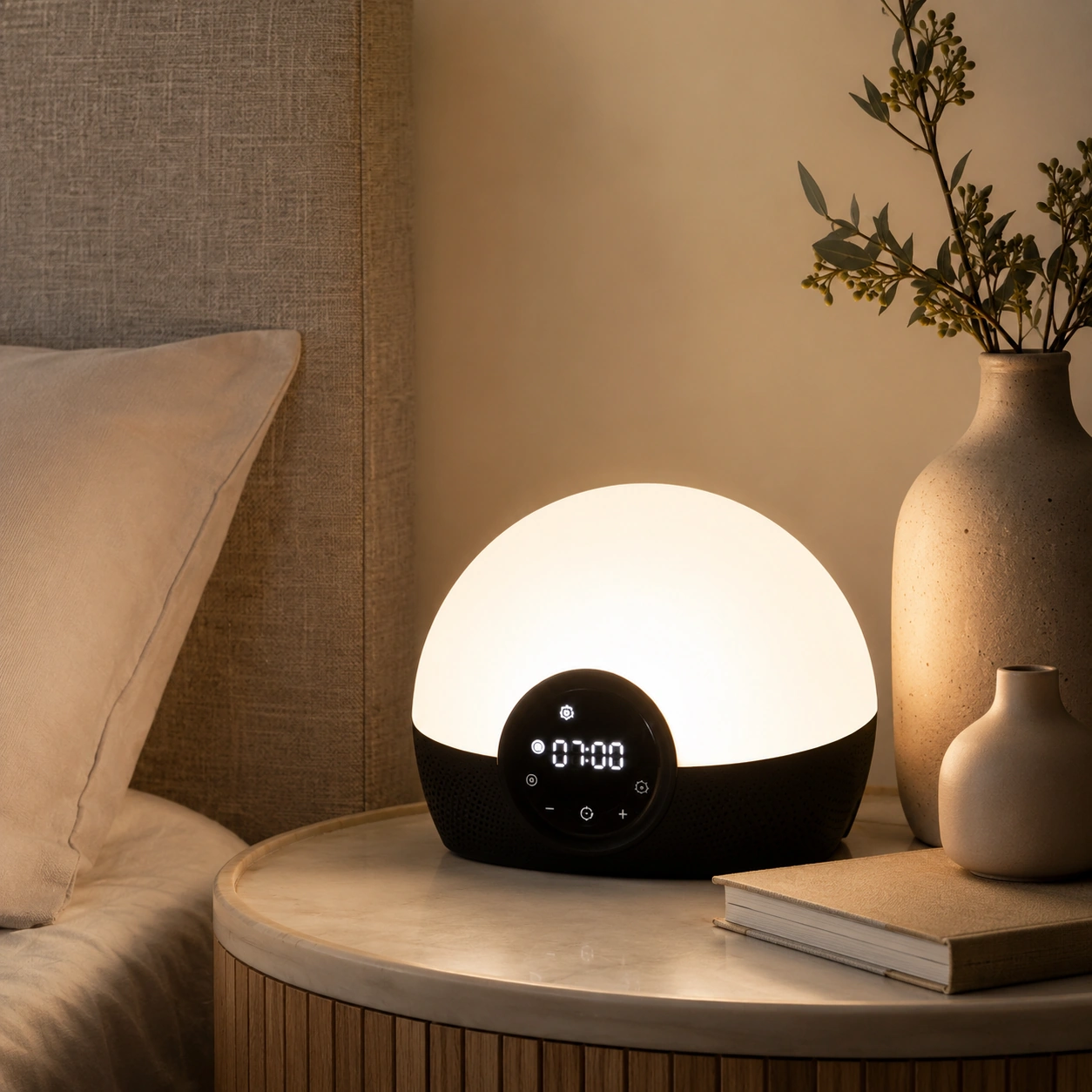 Lumie Bodyclock Rise150 Alarm Clock in red night light sleep mode beside a sleeping woman in a dark bedroom. Lumie Bodyclock Rise150 Alarm Clock in red night light sleep mode beside a sleeping woman in a dark bedroom.