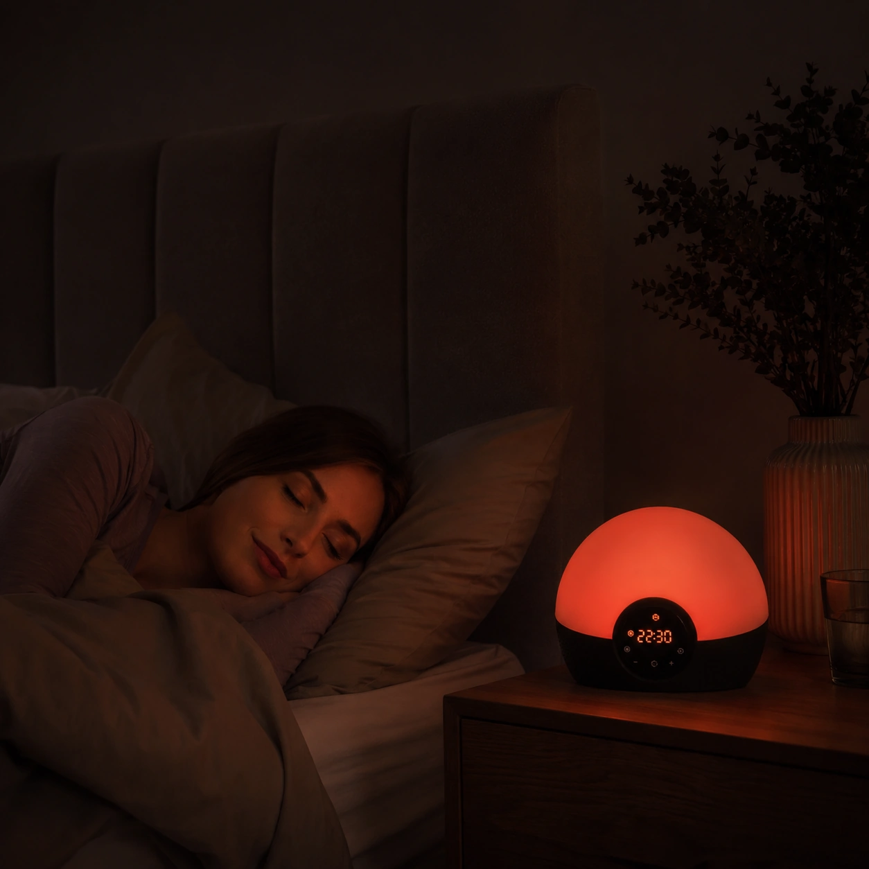 Lumie Bodyclock Rise150 Alarm Clock casting a warm glow while a woman relaxes in bed before sleep. Lumie Bodyclock Rise150 Alarm Clock casting a warm glow while a woman relaxes in bed before sleep.