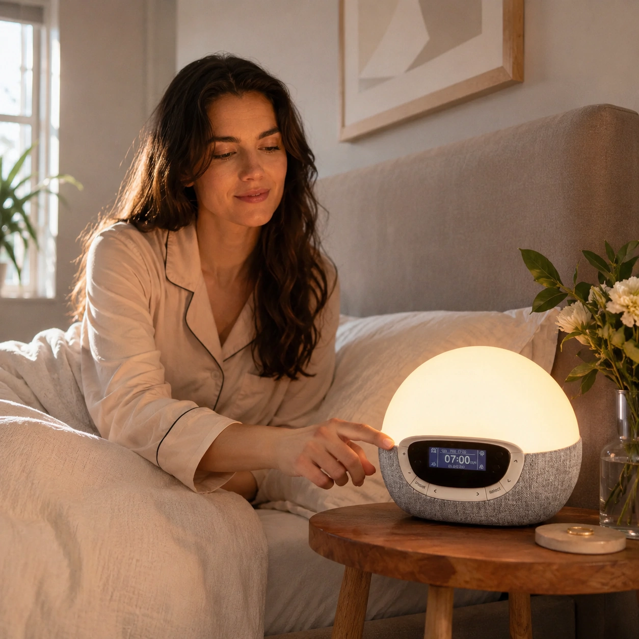 Lumie Bodyclock Rise300 in a cozy bedroom morning routine scene Lumie Bodyclock Rise300 in a cozy bedroom morning routine scene