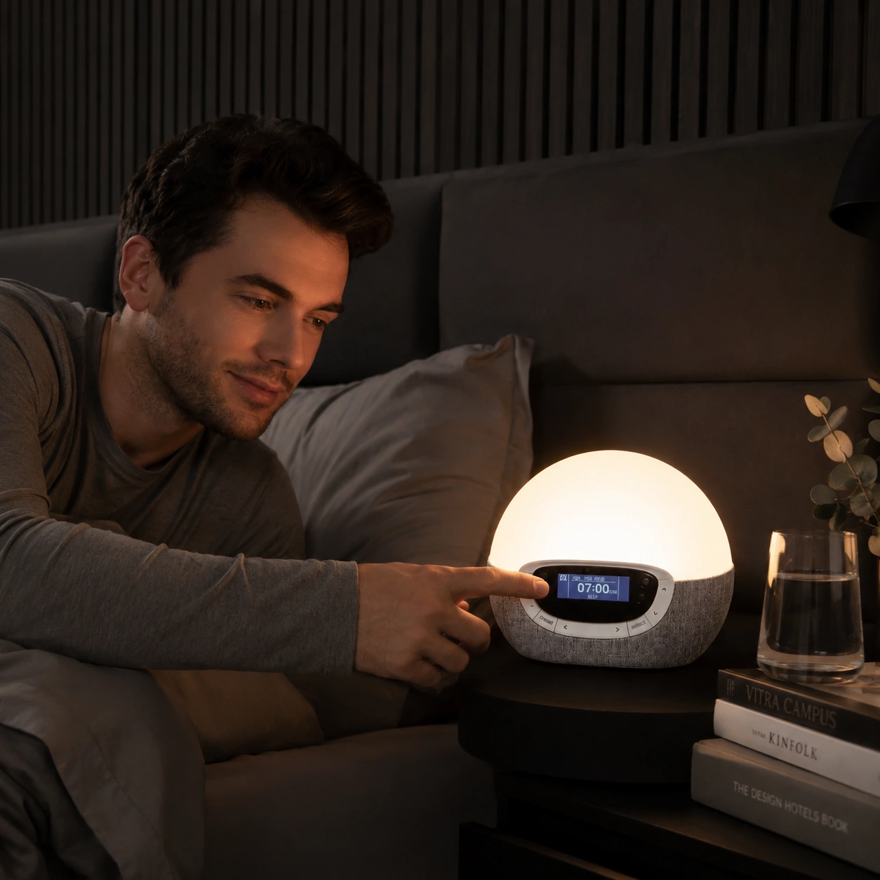 Lumie Bodyclock Rise300 wake-up light in a cozy morning bedroom scene Lumie Bodyclock Rise300 wake-up light in a cozy morning bedroom scene