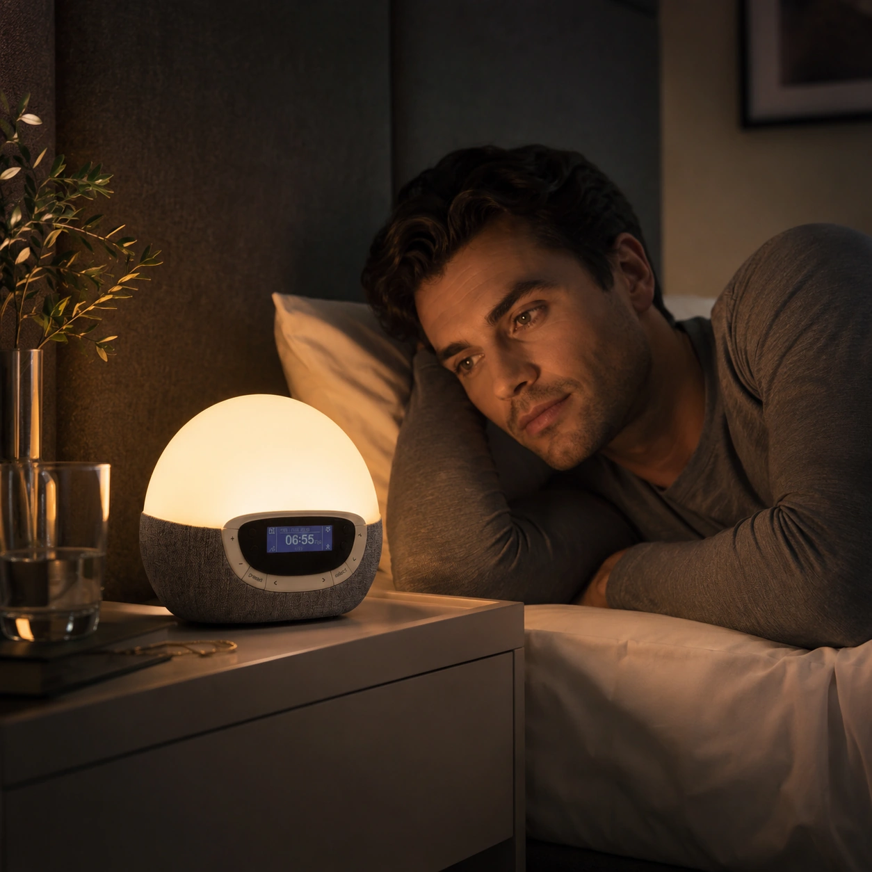 Lumie Bodyclock Rise300 casting a soft glow in a quiet night bedroom Lumie Bodyclock Rise300 casting a soft glow in a quiet night bedroom
