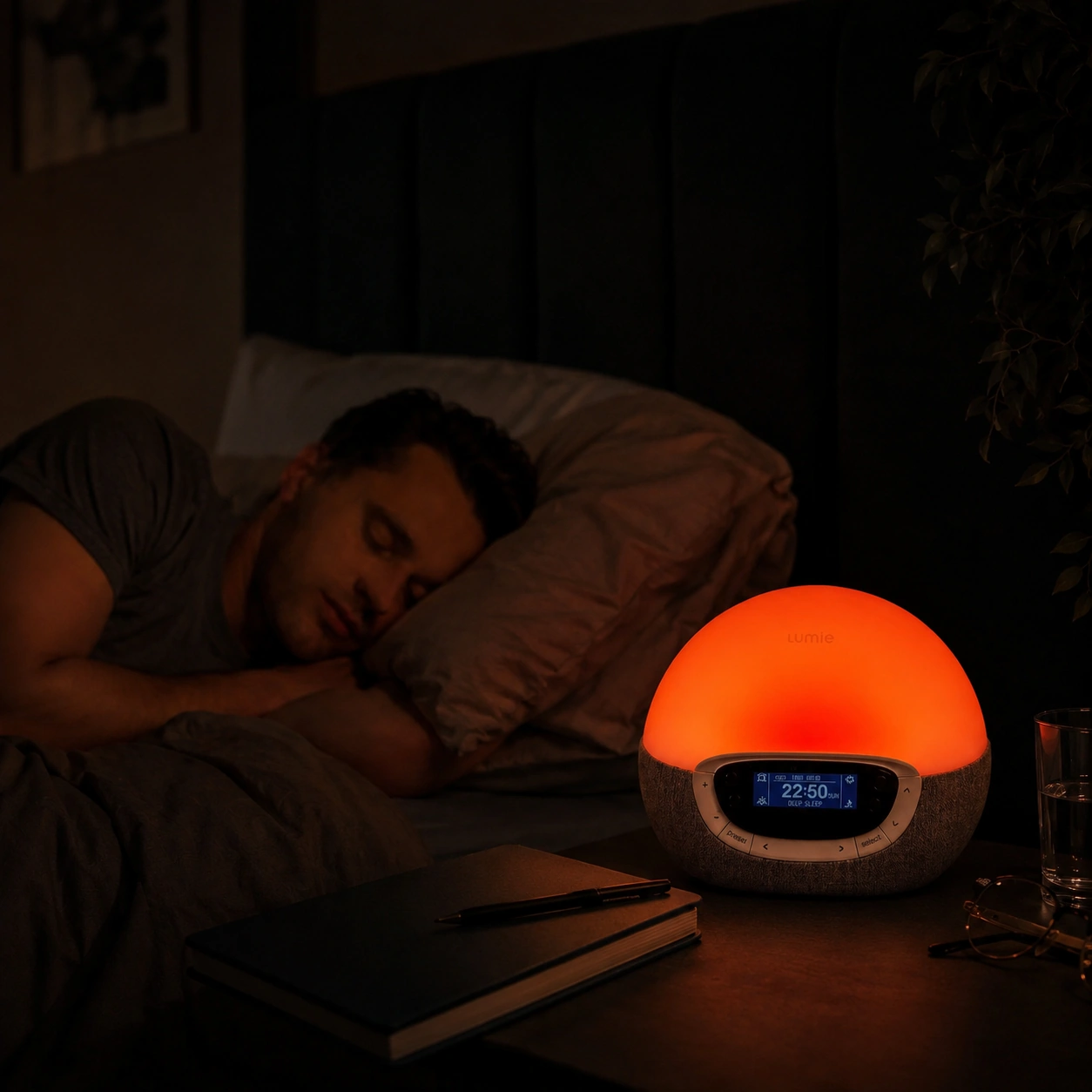 Lumie Bodyclock Rise300 with a soft night glow on a bedside table Lumie Bodyclock Rise300 with a soft night glow on a bedside table