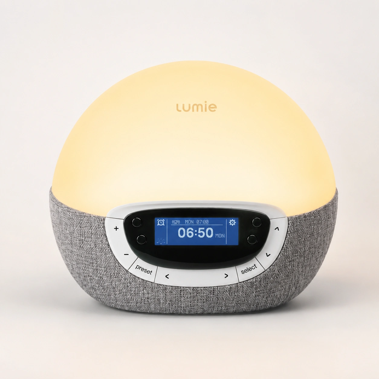 Lumie Bodyclock Rise300 alarm clock with sunrise effect on a clean background Lumie Bodyclock Rise300 alarm clock with sunrise effect on a clean background