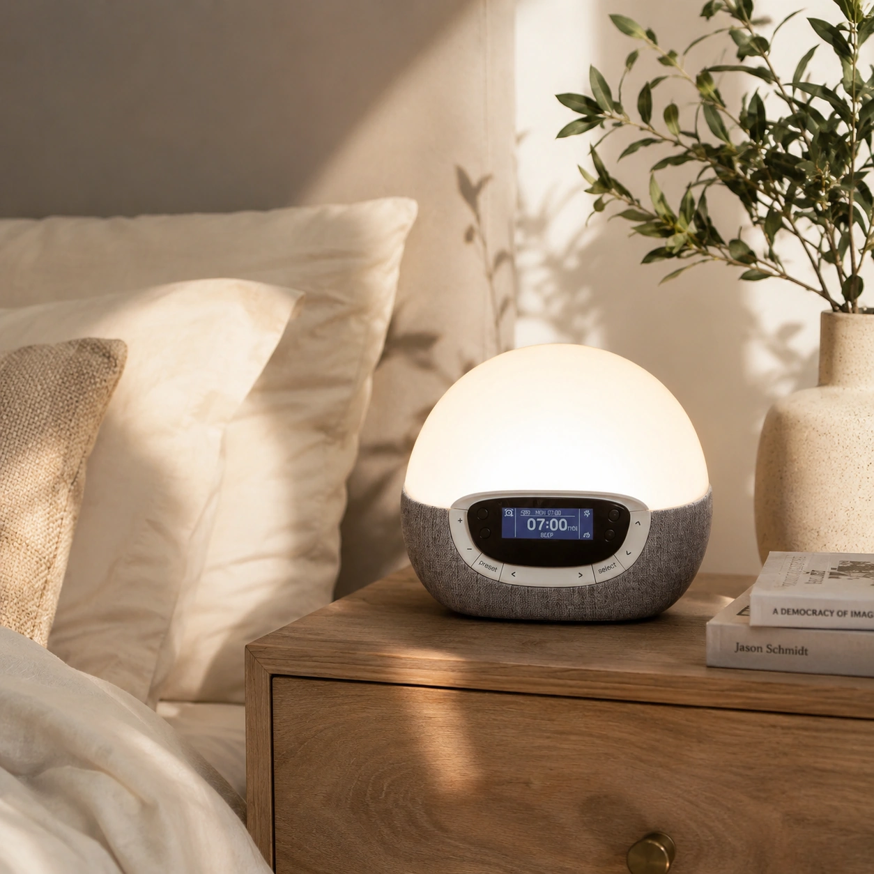 Lumie Bodyclock Rise300 in a warm bedroom with morning light Lumie Bodyclock Rise300 in a warm bedroom with morning light